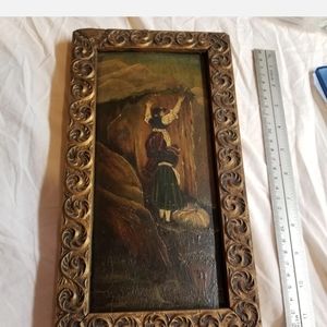 Antique oil painting of peasant women taking a shortcut in a field signed